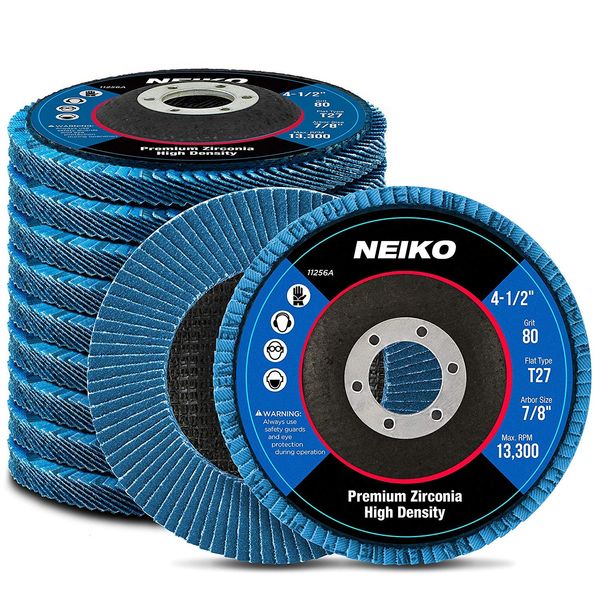 NEIKO 11256A 10 Pack Jumbo Zirconia Flap Discs 4-1/2 for Angle Grinder, 80 Grit Flapper Wheel, Flat T27 Grinding Wheel 4.5 Inch Flap Disc, 7/8" Arbor Grinding Disc, Flap Wheel for Wood & Metal Sanding