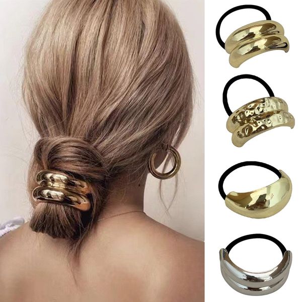 papasgix Metal Hair Ties, Metal Geometric Elastic Hair Ties, Hair Cuff Wrap Hair Ties for Thick Hair Elastic Hair Ties for Women Hair Accessories (4, Gold+Silver)