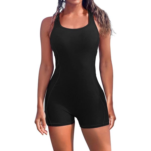 Attraco Badeanzüge für Damen Bauchweg Einteilige Badeanzug Sport Damen Bademode Push up One Piece Schwimmanzug Monokini Swimsuit Schwarz L