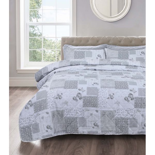 Velosso Shabby Chic Floral Quilted Bedspread Patchwork Comforter Set with Matching Pillowsham (Maya Grey, Single)