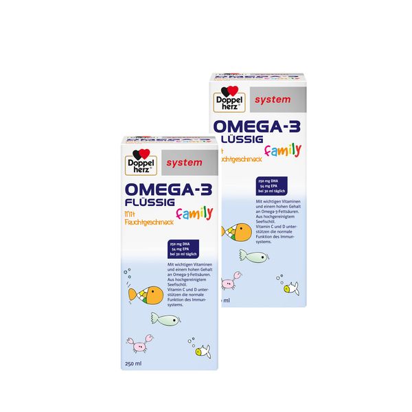 Doppelherz system OMEGA-3 family flüssig – Gehirnfunktion und Immunsystem – 250 mg DHA als Beitrag für den Erhalt der normalen Gehirnfunktion – 2 x 250 Milliliter