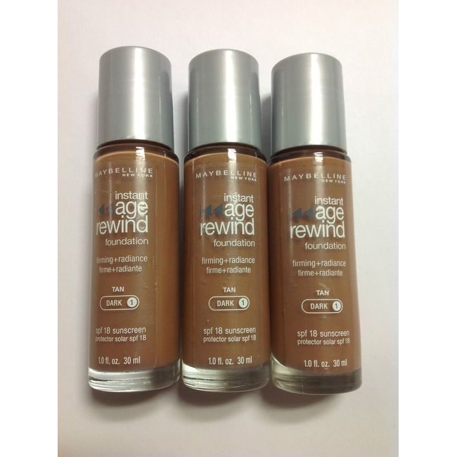 ( LOT OF 3 ) Maybelline Instant Age Rewind Foundation Tan (Dark-1) Silver Cap.