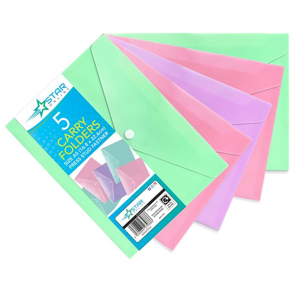 Star Online A5 Pastel Plastic Folder Pack of 5 Assorted Colours – Day Document Stud Wallets Carry Popper Folder Pink Purple Teal