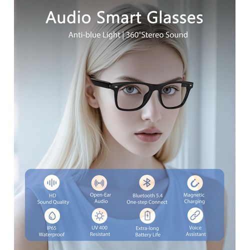 voogil Smart Glasses for Men & Women, Built-in Mic & Speakers Bluetooth Audio Glasses, Blue Light Filter & Polarized UV 400 Protection Lenses Open-Ear Bluetooth Glasses for Android iOS, Black