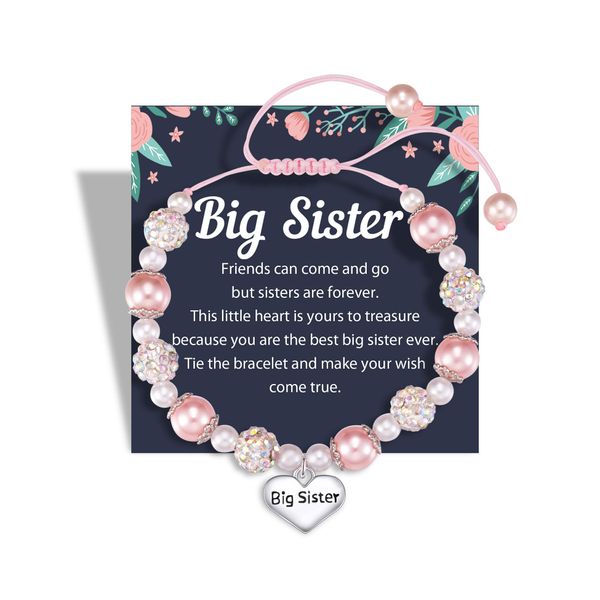 Jeka Big Sister Bracelets for Girls, Pink Pearl Heart Charm Bracelets Back to School Jewelry Valentines Day Gifts for Big Sister From Mom Dad