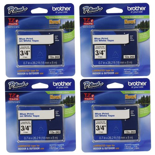 Brother Genuine P-Touch TZE-243 Tape, 3/4" (0.7 mm) Standard Laminated P-Touch Tape, Blue on White, Laminated for Indoor or Outdoor Use, Water-Resistant, 26.2 ft (8 m), Single-Pack (4)