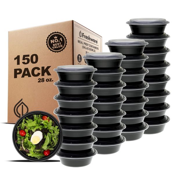 Freshware Meal Prep Bowl Containers [150 Pack] Plastic Bowls with Lids for Soup and Salad, Food Storage Bento Box, BPA Free, Stackable, Lunch Boxes, Microwave/Dishwasher/Freezer Safe (28 oz)