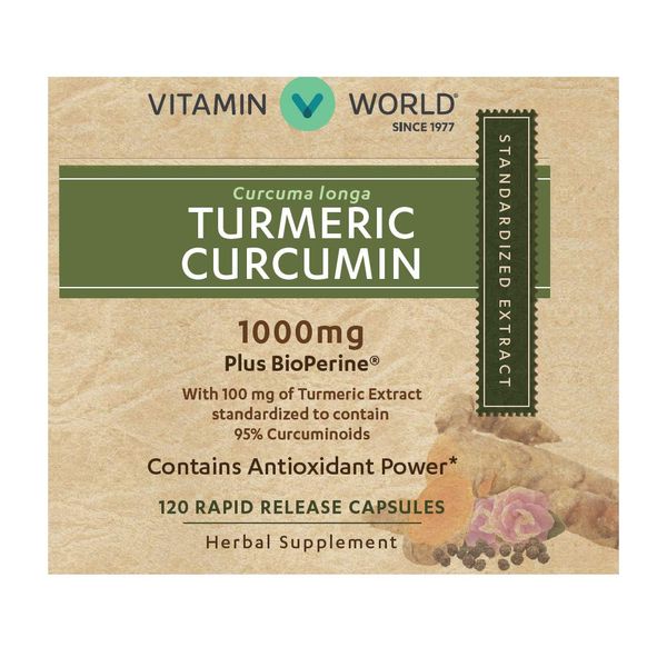 Vitamin World Turmeric Curcumin 1000mg 120 Capsules, with BioPerine Black Pepper Extract, Standardized 95% Curcuminoids, Gluten Free, Rapid-Release, Anti-inflammatory, Antioxidant, Joint Support