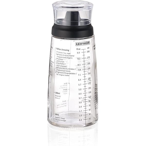 Leifheit Salad Dressing Shaker, 5 Imprinted Recipes, Glass Bottle, Non-Drip Spout, Dishwasher Safe, Black Transparent, 300 ml Measuring, Salad Dressing Pots, dressing maker