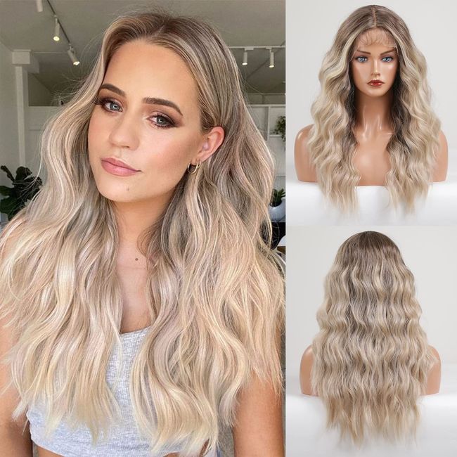 HAIRCUBE Lace Natur Perücken für Frauen auf der Suche nach hitzebeständigen Faser —-mittlerer Teil lockiges/welliges Haar (aus heller Asche bis grauem Blond)