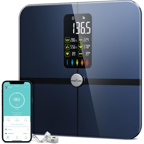 Body Fat Scale, Posture Extra Large Display Digital Bathroom Wireless Weight Scale Composition Analyzer with Heart Rate Heart Index & Body Shape Index with Free APP 400Lb Black