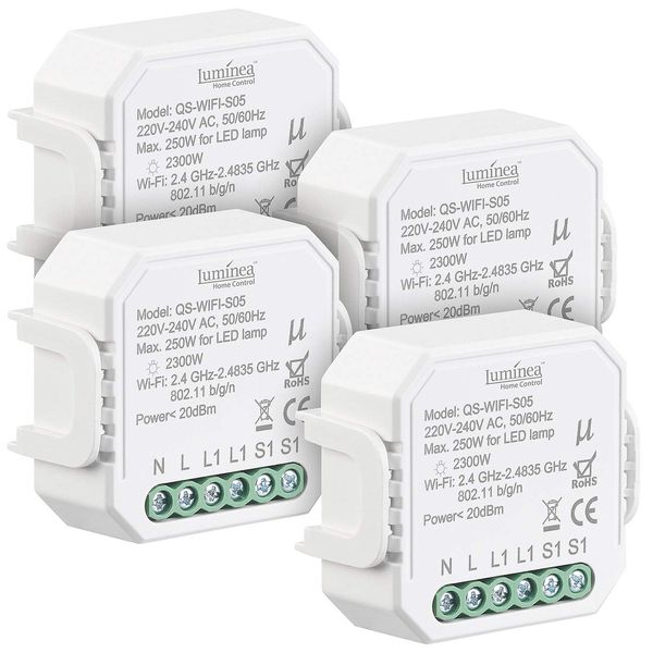 Luminea Home Control WiFi Lichtschalter: 4er-Set WLAN-Unterputz-Lichtschalter,App, für Siri, Alexa&Google Ass. (Smart Home Schalter, WLAN Unterputzmodul, Deckenventilator)