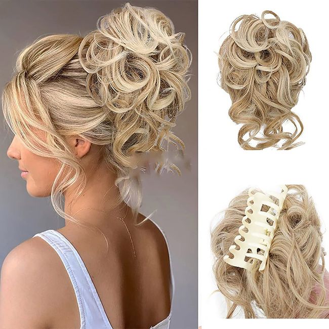 Faringoto Blonde Ponytail Extension Hair Topper Hair Bun Curly Messy Hair Piece