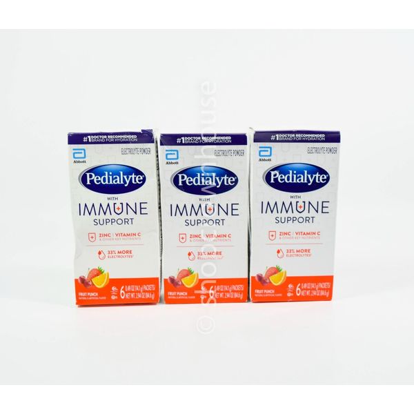 3 Pedialyte w Immune Support FRUIT PUNCH Electrolyte Powder 18packets 04/01/2025