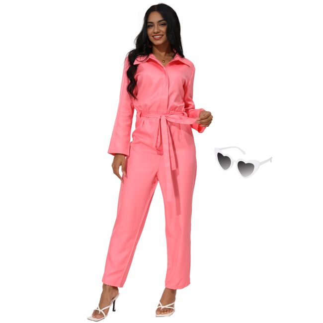 DANGCOS Pink Jumpsuit 70s 80s Outfits for Women Costume One Piece Long Sleeve Jumpsuit Pink Cosplay