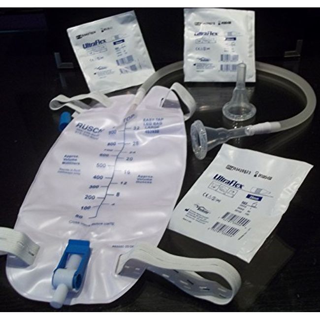 Complete Kit Urinary Incontinence One-Week, 7-Condom Catheters External Self-Seal 32mm (Intermediate), + Premium Leg Bag 1000ml Tubing, Straps & Fast and Easy Draining. by Ultraflex