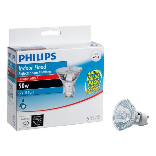 Philips 415760 50-Watt Halogen Indoor Flood MR16 GU10 Base 120-Volt Light Bulb, 6-Pack