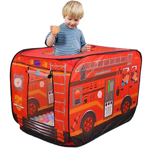 Kids Pop Up Tent Cartoon with Carry Bag Foldable Play Tent Set Up Free Outdoor Play Equipment for Children Toddler Tents Indoor Children'S Playhouse Crawling Bus Toy for Girls Boys fire truck