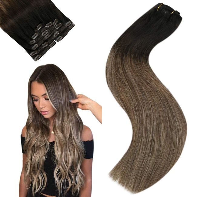 Sunny Hair Extensions Clip in Human Hair Ombre Brown to Dark Brown Mix Ash Brown Clip in Hair Extensions Balayage Clip in Extensions Human Hair Natural For Women 18inch 120g
