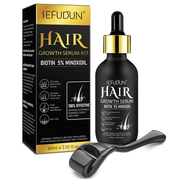 Hair Growth Serum with Biotin-Beard Growth Kit-Hair Care for Healthy Hair Beard Grooming kit Growth for Men-Thicken and Strengthen for Hair Regrowth with 0.25mm Roller-60ML