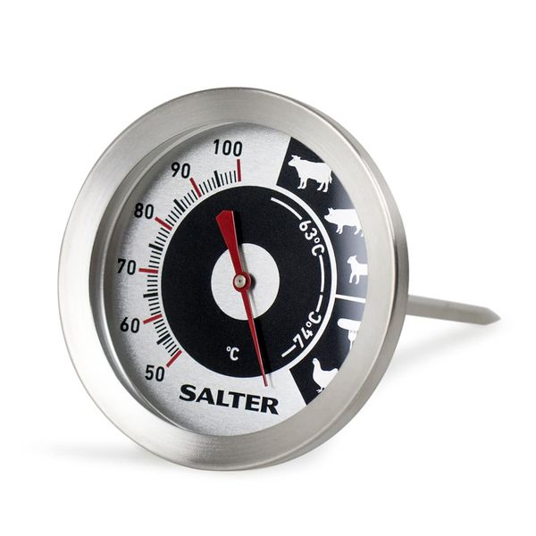 Salter 512 SSCR Analogue Meat Thermometer - Air Fryer Thermometer Probe, BBQ Grilling, Roasts, Stainless Steel , Easy Read Glass Lens, Temp Range 50°C - 100°C, Bi-Metal Sensor, Indoor, Outdoor Use