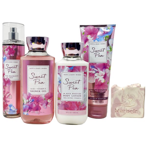 Bath & Body Works Sweet Pea Deluxe Gift Set - Fine Fragrance Mist, Shower Gel, Body Lotion and Body Cream with a Himalayan Salts Springs Sample Bar Soap