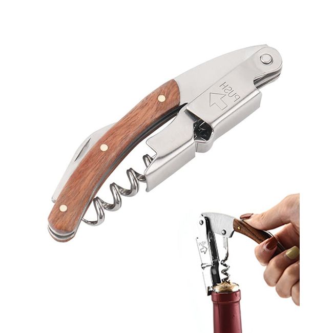 Samcos Wine Opener, Sommelier Knife, Corkscrew, Bottle Opener, Foil Cutter, Multi-functional, Wooden Handle, Lightweight, Portable, Easy to Use, Durable