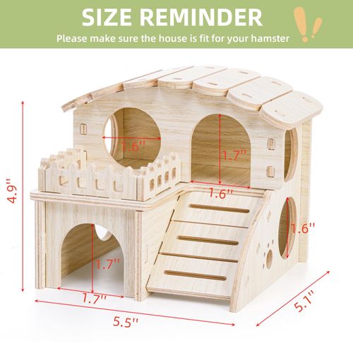 WRINGKIT Wood Hamster House, Maze Hamster Hideout, Fun Slide Gerbil House with Window, Detachable Double Decker Hut for Hamster Dwarf Mice Mouse Small Animals