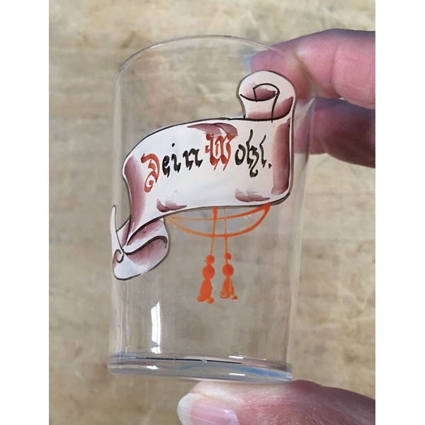 Vintage German Shot Glass Scroll Dein Wohl Your Health Clear 2.75" Barware Bar