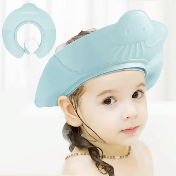 Baby Shower Cap Bath Visor Protection Silicone Adjustable Safe Shower Bathing Cap for Infants Toddler Baby Kids Children (6 Months-12 Years old/36-58cm, Haze Blue Jellyfish)