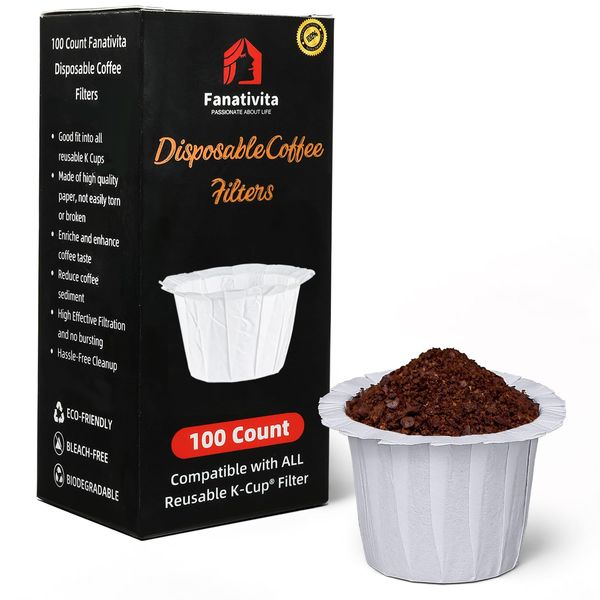 100 Count Fanativita K Cup Coffee Filters Disposable for Keurig Single Cup, Compatible with All Reusable K Cups (White)