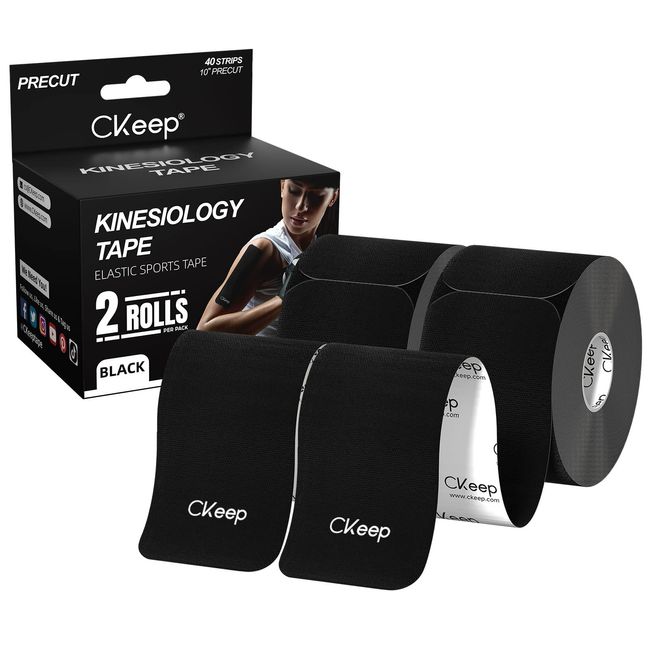 CKeep Kinesiology Tape (2 Rolls), Original Cotton Elastic Premium Athletic Tape,33 ft 40 Precut Strips in Total,Hypoallergenic and Waterproof K Tape for Muscle Pain Relief and Joint Support,Black