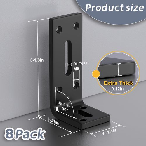 Flamorrow 8 Pcs Metal Corner Brackets, 11-ga Thicken Heavy Duty L Shape Bracket Shelfs, 3.2" x 1.6" x 1.2” Angle Corner Bracket, 90 Degree Metal Corner Braces for Furniture, Frame, Wood, Fence, Black