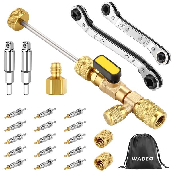 WADEO Valve Core Remover Tool & HVAC Service Wrench Set with Hex Bit Adapters, Dual Size SAE 1/4 & 5/16 Port, HVAC Tools with 15 PCS Valve Cores, 2 PCS Brass Nuts for HVAC Equipments Repair