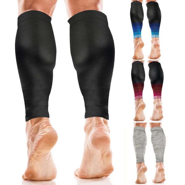 aZengear Calf Support Compression Sleeves (Pair) for Women, Men, Running | 20-30mmHg Class 2 Shin Splints Brace, Footless Leg Socks for Torn Muscle Pain Relief, Cramps (L-XL, Black)