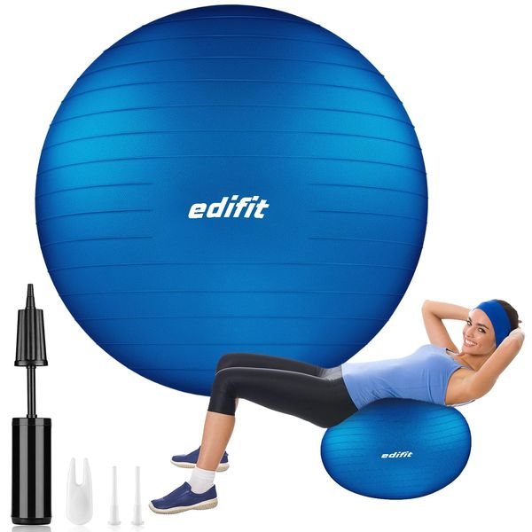 EDIFIT, Gymnastikball, 55, 65 und 75, Pezziball, Einschließlich Inflator, Pilates Ball, Sitzball, Pilates, Yoga Ball, Gymnastik (55cm, Blau)