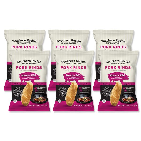 Southern Recipe Small Batch Pork Rinds | Korean Kimchi BBQ Chicharrones | Keto Friendly, Gluten Free, Low Carb Food | 7g of Collagen Per Serving | High Protein | 4 Oz Bag (Pack of 6)