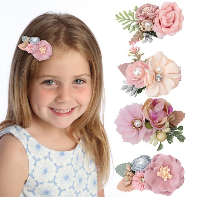 VEGCOO 4 Stück Blume Haarklammern, haarschmuck mädchen, Haarspange Kinder, baby haarspangen, Künstliche Blume Haarclips für Kinder Geburtstag Kindertagsgeschenk