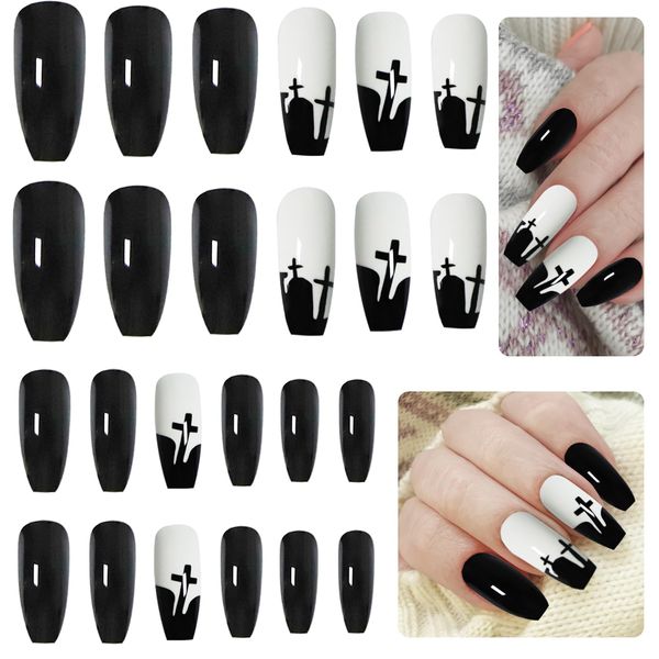 CHEERYMAGIC Halloween Fake Nails Long, Black French Press on Nails with Patterns Acrylic Coffin Crucifixion False Nails for Women Girls Nail Art Cosplay Decoration A6-HBSZJJP