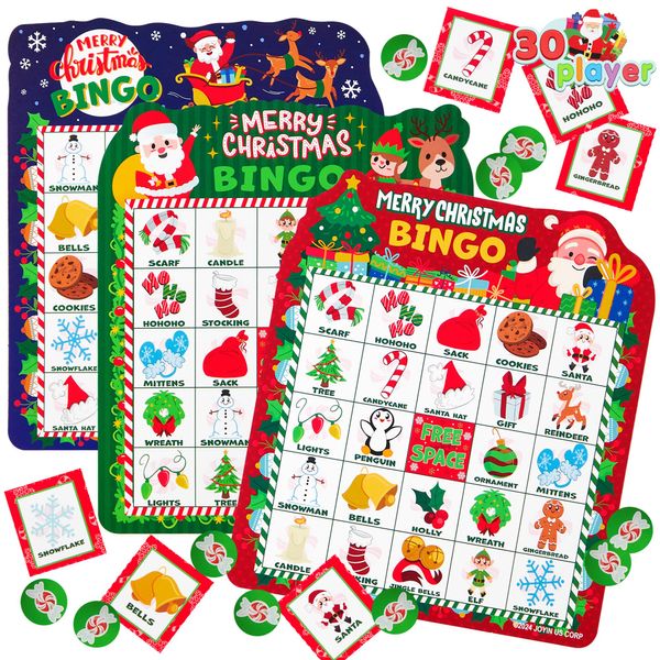 JOYIN 30 Players Christmas Bingo Cards Game, 3 Colors Kids Bingo Cards for Classroom School Family Group Activities, Holiday Winter Bingo for Xmas Party Supplies Adults Indoor Party Games