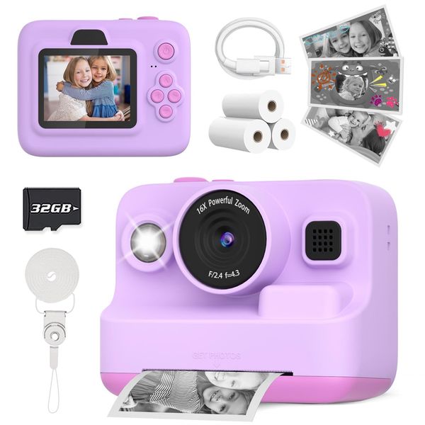 Yehtta Instant Print Camera for Kids, Christmas Birthday Gifts for 3-12 Year Old Girls Boys, 2.4in Screen 1080P Video Digital Camera Toys for Kids Age 4 5 6 7 8 9 10 with 3 Rolls Print Paper 32G Card