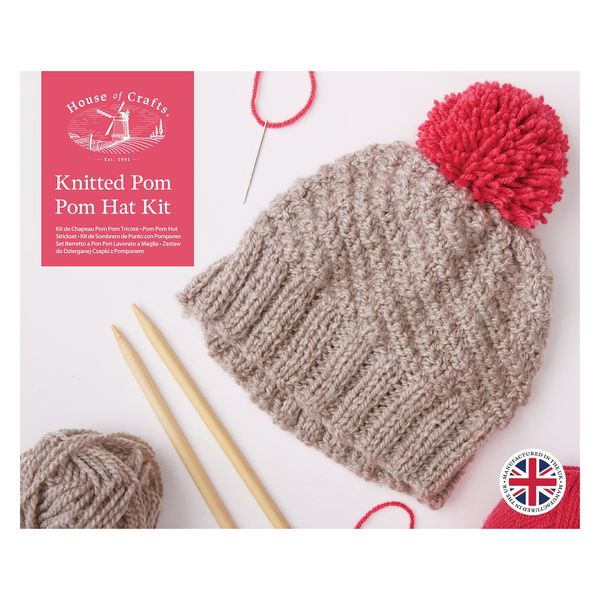 House Of Crafts Knitted Pom Pom Hat, Single Craft Kit Set, Multicoloured, Includes 100g Ball Chunky Acrylic Wool, 50g Ball Of Acrylic Baby DK Wool, Bamboo Knitting Needles, Sewing Needle