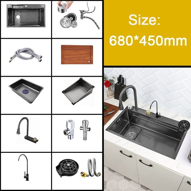 Kitchen Sink with Waterfall Faucet Stainless Steel Large Single