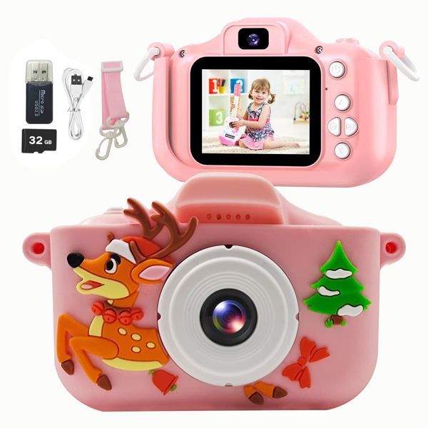 Kids Camera Toys,Digital Camera for Kids,Toddler Camera with Video,Christmas Birthday Gifts for Girls Boys Age 3-12,32GB SD Card and USB Card Reader Included(Christmas Reindeer-Pink)