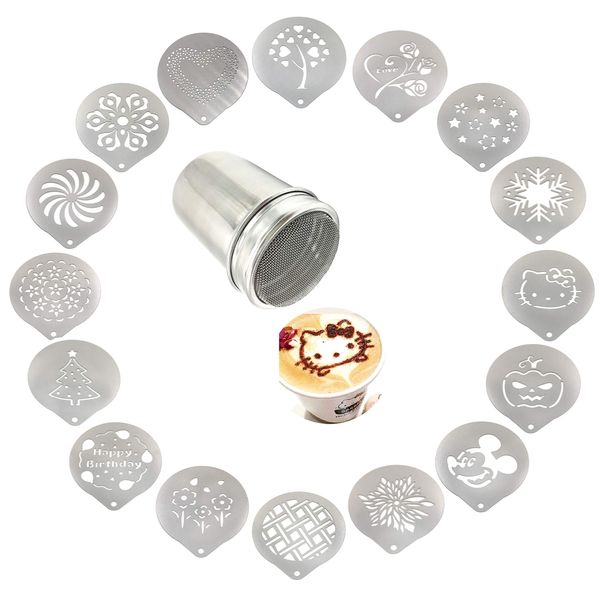 Lofekea Stainless Steel Powder Shakers Coffee Cocoa Cinnamon Shaker Cans Mesh Duster with 16PCS Stainless Steel Barista Coffee Decorating Stencils Template for Latte Cappuccino, Cupcake Stencils