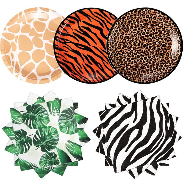 60 Pcs Zoo Animal Print Party Supplies Jungle Safari Animal Disposable Print Paper Plates and Napkins Dessert Plates and Tropical Leaf Napkins for Jungle Safari Party Birthday Party Decor