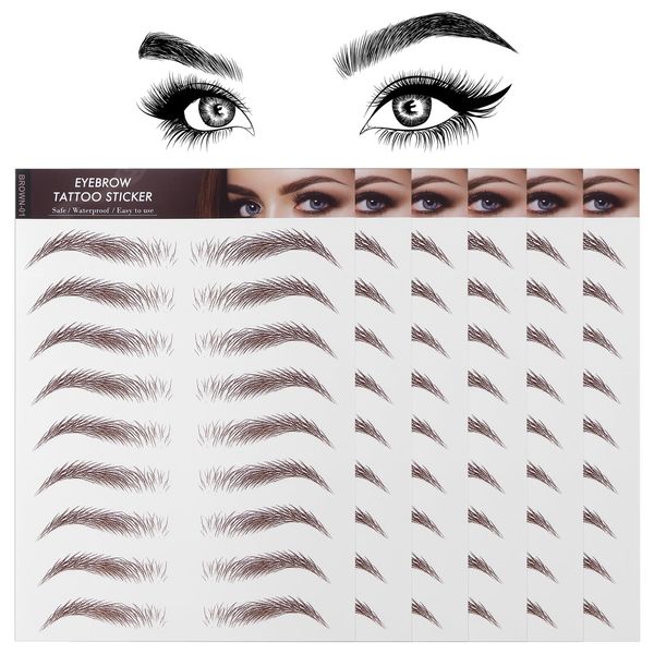 Sibba 4D Hair-Like Eyebrow Tattoos Stickers 6 Sheets Brown Waterproof Temporary Brow Colors Transfers Sticker Peel Off for Eye Makeup Easter Party Cosmetic Supplies Grooming Shaping Women Girls