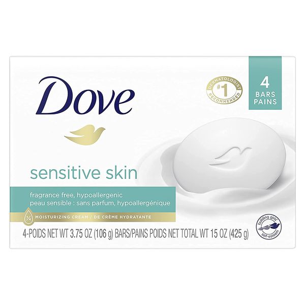 (PACK OF 4 BARS) Dove Unscented Beauty Soap Bar: SENSITIVE SKIN. Hypo-Allergenic & Fragrance Free. 25% MOISTURIZING LOTION & CREAM! Great for Hands, Face & Body! (4 Bars, 3.5oz Each Bar)