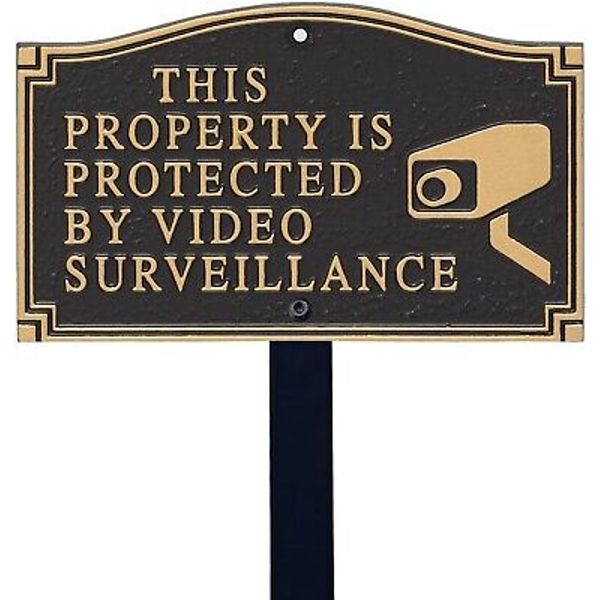 Weather-Resistant Video Surveillance Sign with 3D Gold Letters and Lawn Stake