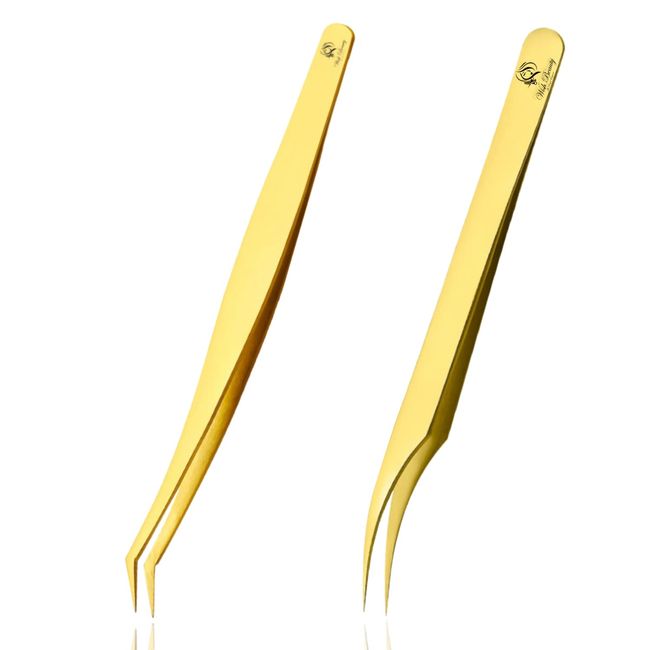 2Pcs Lash Tweezers, Stainless Steel Eyelash Extension Tweezers Straight and Curved Tip Eyelash Tweezers